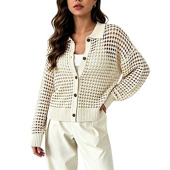 Women's Open Knit Cardigan Long Sleeve Casual Button Front Collared Sweater