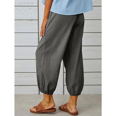 High Waist Cotton Linen Pants Drawstring Cinch Bottom with Button Loose Casual Trouser with Pockets