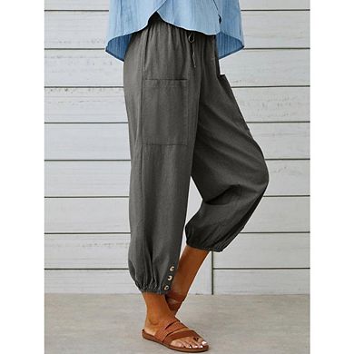High Waist Cotton Linen Pants Drawstring Cinch Bottom with Button Loose Casual Trouser with Pockets