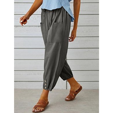 High Waist Cotton Linen Pants Drawstring Cinch Bottom with Button Loose Casual Trouser with Pockets