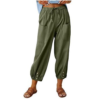 High Waist Cotton Linen Pants Drawstring Cinch Bottom with Button Loose Casual Trouser with Pockets