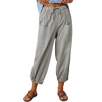 High Waist Cotton Linen Pants Drawstring Cinch Bottom with Button Loose Casual Trouser with Pockets