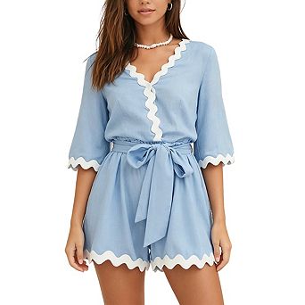 Women's Ric Rac Trim Wrap Romper V-Neck Three Quarter Sleeve Self Tie Waist Casual Short Jumpsuit