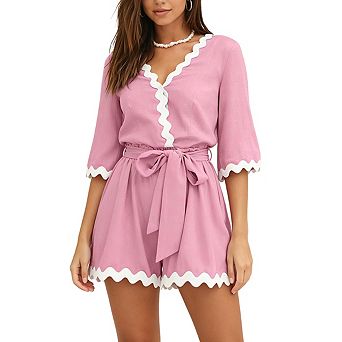 Women's Ric Rac Trim Wrap Romper V-Neck Three Quarter Sleeve Self Tie Waist Casual Short Jumpsuit