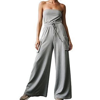 Womens Strapless Tube Top Wide Leg Cargo Jumpsuit Casual Summer Long Loungewear Romper