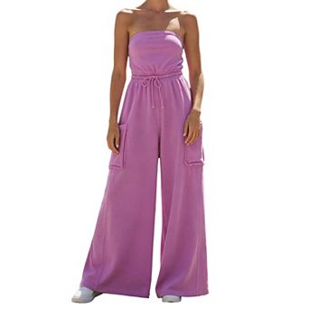 Womens Strapless Tube Top Wide Leg Cargo Jumpsuit Casual Summer Long Loungewear Romper