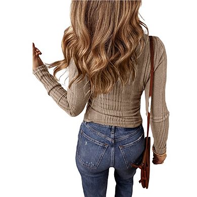 Women's Ribbed Knit Long Sleeve Henley Top Slim Fit Button Front Casual Tee