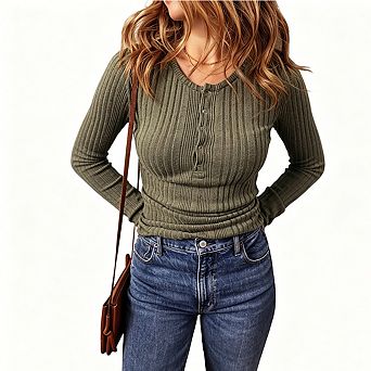 Women's Ribbed Knit Long Sleeve Henley Top Slim Fit Button Front Casual Tee
