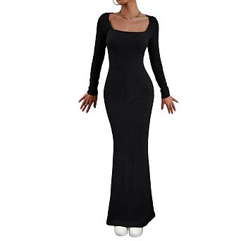Women's casual long-sleeved fitted knit square neckline ribbed knit dress