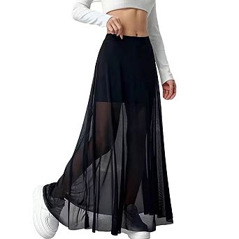 Women's Sheer Maxi Skirt with Built-in Shorts Liner High Waist Flowy See-Through Layered Long Skirt