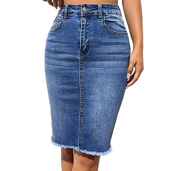 Women's High Waisted Denim Pencil Skirt Frayed Hem Stretchy Bodycon Midi Jean Skirt with Pockets