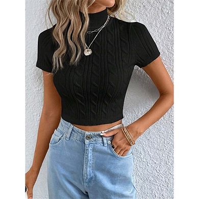 KOJOOIN Women Short Sleeves Turtleneck Cable Knit Crop Pullover Sweater
