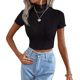 KOJOOIN Women Short Sleeves Turtleneck Cable Knit Crop Pullover Sweater