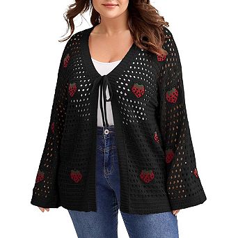 KOJOOIN Women Long Sleeves Strawberry Embroidery Hollow Out Knit Cardigan Sweater
