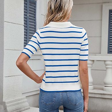 KOJOOIN Women Short Sleeves Striped Polo Collar Knit Pullover Sweater