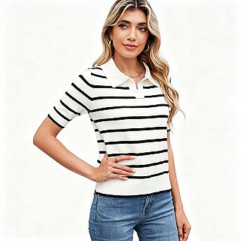 KOJOOIN Women Short Sleeves Striped Polo Collar Knit Pullover Sweater