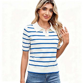 KOJOOIN Women Short Sleeves Striped Polo Collar Knit Pullover Sweater