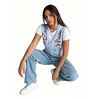 KOJOOIN Women V Neck Floral Embroidery Button Down Knit Vest Sweater