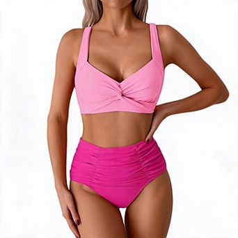 High Waisted Bikini Sets for Women Summer Holiday Beachwear Twist Ruched Tummy Control Swimsuit