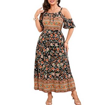 Women's Plus Size Floral Print Maxi Dress Cold Shoulder Keyhole High Waist A-Line Boho Flowy Dresses