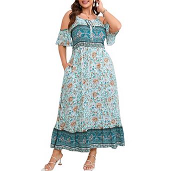 Women's Plus Size Floral Print Maxi Dress Cold Shoulder Keyhole High Waist A-Line Boho Flowy Dresses