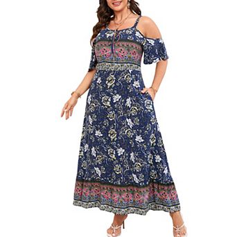 Women's Plus Size Floral Print Maxi Dress Cold Shoulder Keyhole High Waist A-Line Boho Flowy Dresses