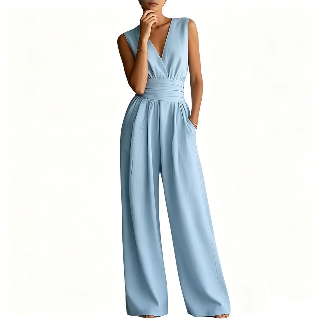 Женские комбинезоны Sleeveless V-Neck Wide Leg Jumpsuit Waist-Cinched Wrap Front Romper with Pockets