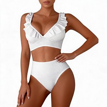 Bikini Sets for Women Ribbed Ruffle Swimsuit Summer Beach Wear V Neck Two Piece Bathing Suit