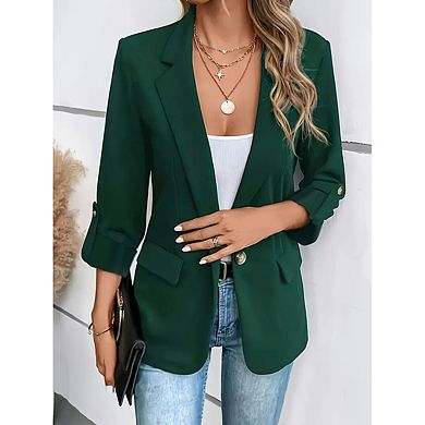 Women's Solid Color Roll-Up Sleeve Open Front Casual Blazer