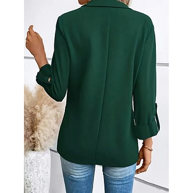 Women's Solid Color Roll-Up Sleeve Open Front Casual Blazer