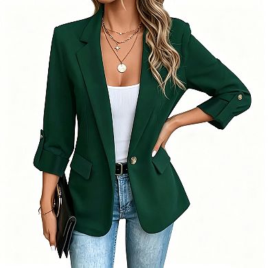 Women's Solid Color Roll-Up Sleeve Open Front Casual Blazer