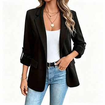 Women's Solid Color Roll-Up Sleeve Open Front Casual Blazer