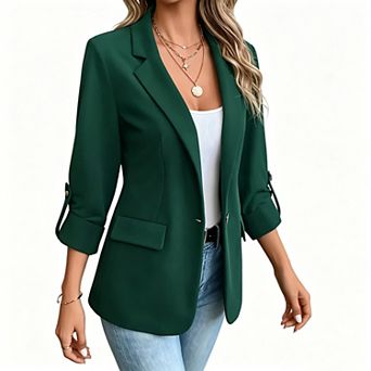 Women's Solid Color Roll-Up Sleeve Open Front Casual Blazer
