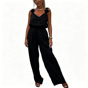 Women's Floral-Appliqued Wide-Leg Jumpsuit Sleeveless V-Neck Elastic Waist Casual Romper