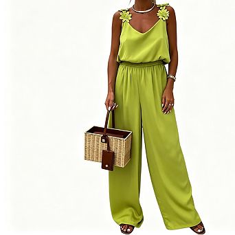 Women's Floral-Appliqued Wide-Leg Jumpsuit Sleeveless V-Neck Elastic Waist Casual Romper