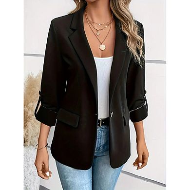 Women's Casual Notched Lapel Roll Sleeve Blazer Jacket with Pockets