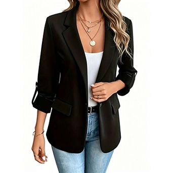 Women's Casual Notched Lapel Roll Sleeve Blazer Jacket with Pockets