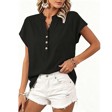 Women's Casual V-Neck Button Short Sleeve Textured Cotton Shirt