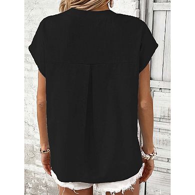 Women's Casual V-Neck Button Short Sleeve Textured Cotton Shirt