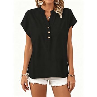 Women's Casual V-Neck Button Short Sleeve Textured Cotton Shirt