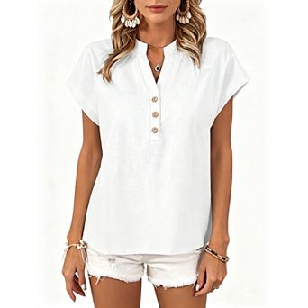 Women's Casual V-Neck Button Short Sleeve Textured Cotton Shirt