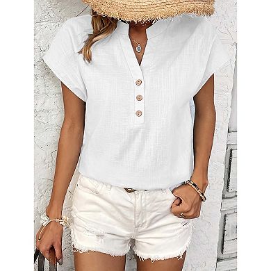 Women's Vintage V-Neck Partial Button Short Sleeve Casual Blouse