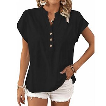 Women's Vintage V-Neck Partial Button Short Sleeve Casual Blouse