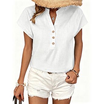 Women's Vintage V-Neck Partial Button Short Sleeve Casual Blouse