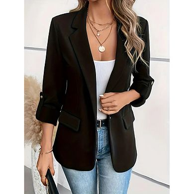 Women's Open Front Roll-Up Sleeve Casual Blazer Jacket