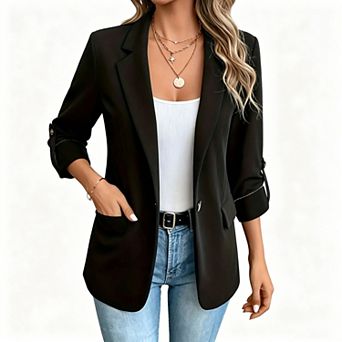 Women's Open Front Roll-Up Sleeve Casual Blazer Jacket