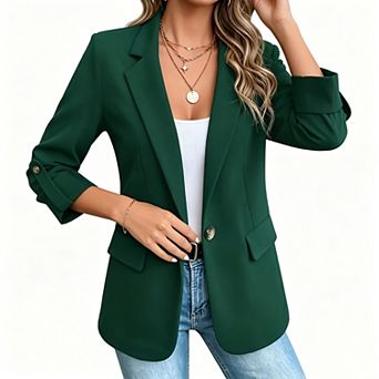 Women's Open Front Roll-Up Sleeve Casual Blazer Jacket
