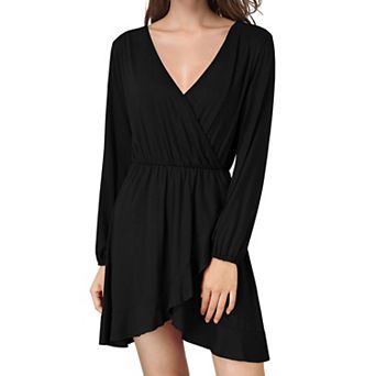 Women's V-Neck Long Sleeve Elastic Waist Ruffle Hem Wrap Casual Dress