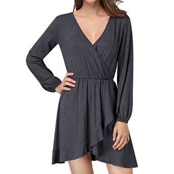 Women's V-Neck Long Sleeve Elastic Waist Ruffle Hem Wrap Casual Dress