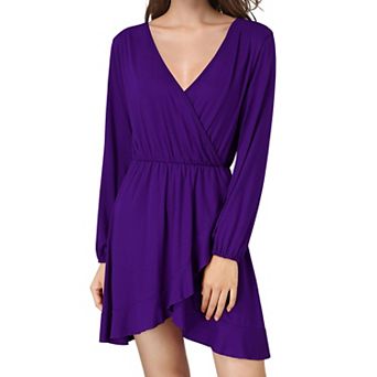 Women's V-Neck Long Sleeve Elastic Waist Ruffle Hem Wrap Casual Dress